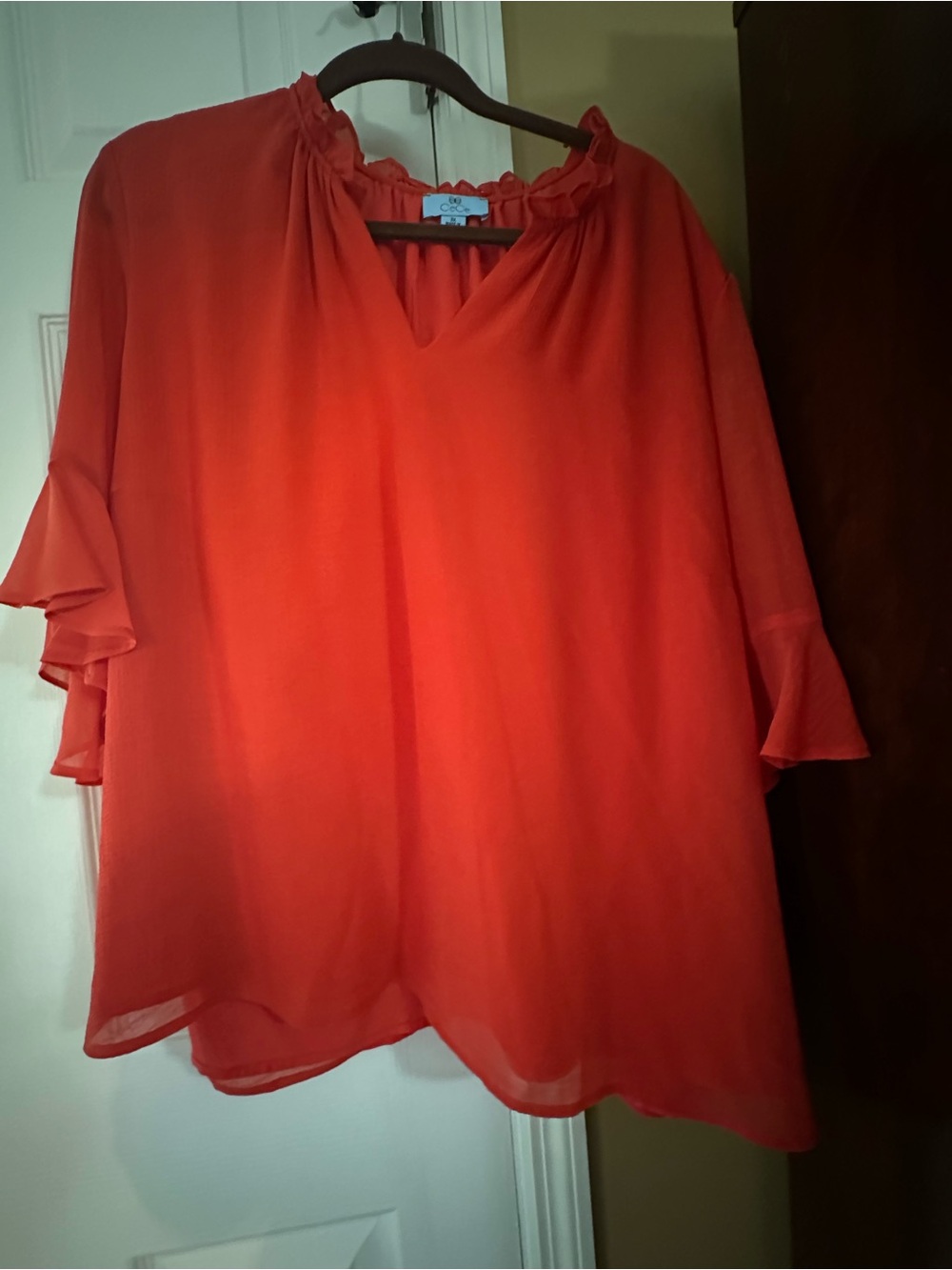 CeCe Vibrant Orange Ruffle Neck Blouse